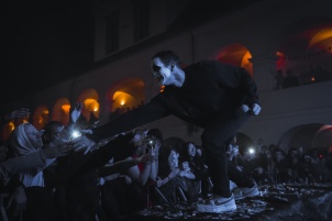 German DJ Allefarben performing in Rakican Castle during Halloween music festival.